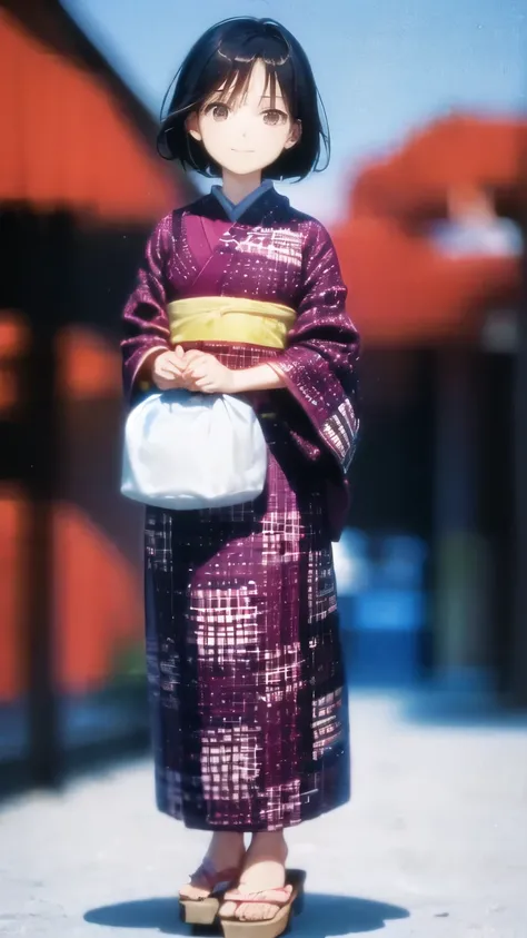  anime-style illustration of a girl wearing a traditional summer yukata 。The yukata is a light 、It is based on a pale blue color and 、 pink and purple floral patterns are drawn 。The girl、 with a modest, gentle smile 、 has short black hair with small flower...