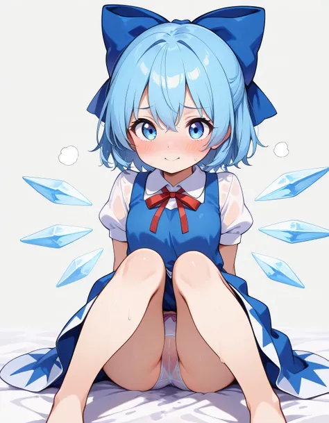   、 Kindergarten Mother、、、 s、 sの小さな体、Toddler Cirno,  blue eyes,  hair between eyes,  ,  blue hair, hair 弓,  short hair, blue  dress, puffy Short sleeve,  white shirt, Wings, ice, Short sleeve, ice Wings,  dress, Cute Background ,Big Breasts、Wet Panties、 tr...