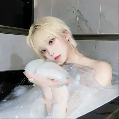 Kim sunoo from Enhypen, he is blond and have pretty brown eyes, he is blond and is a boy, he is in a bathtub with bubbles