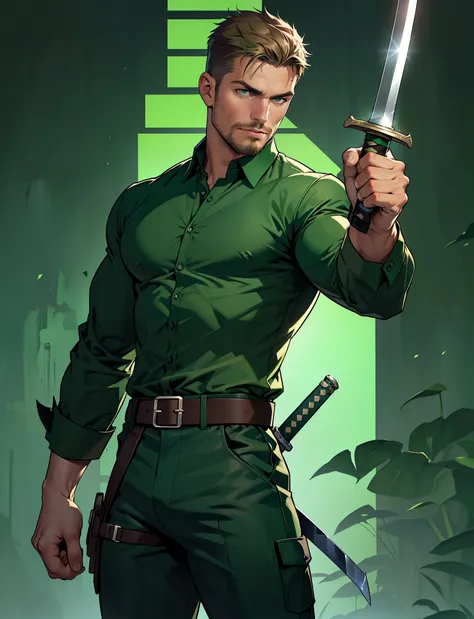 1 man, male focus solo,45 yo man,Stephen AMELL as green arrow,  lean muscle, ((open dark green shirt, dark green jeans with brown belt)) ,(( big bulge)), full body shot, dark blond short hair, well groomed facial hair, (((holding a sword with one hand, poi...