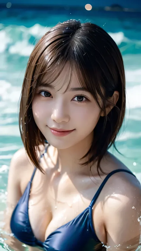 ( top quality ,masterpiece:1.3, super high resolution ),( very detailed, caustics,8k),( realistic :1.4,RAW shooting),(Smiling girls splashing water on each other), Japanese ,18 years old,cute, black hair short,(big ), bikini swimsuit,( focus on face ),( fa...