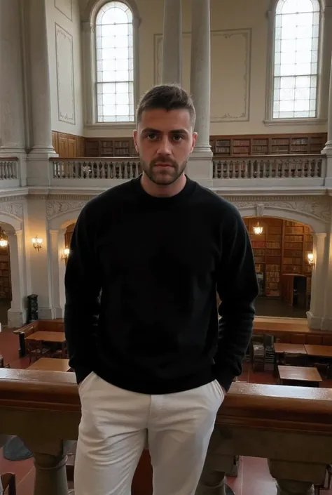 Young man have short hair and a buzzed haircut. standing on the mezzanine level of a grand, historic library in the night He wears a dark, oversized sweatshirt paired with tailored light trousers, combining a casual yet polished style. His posture is relax...