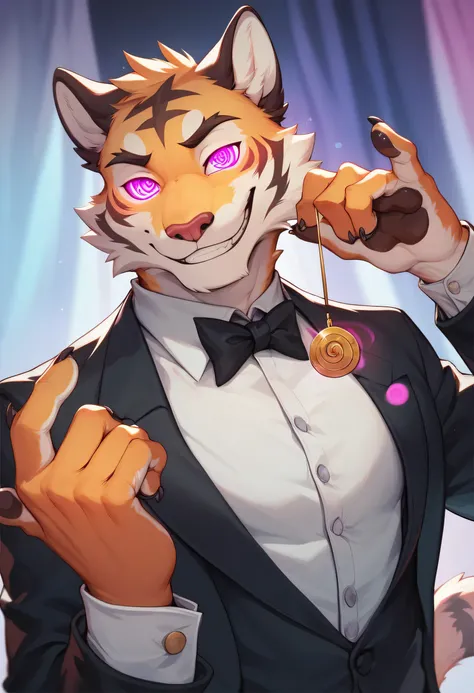 Anthro, male, furry, tiger, Magician, devious smile, leaning towards Fox, glowing hypnotic eyes, hypnotising fox, 