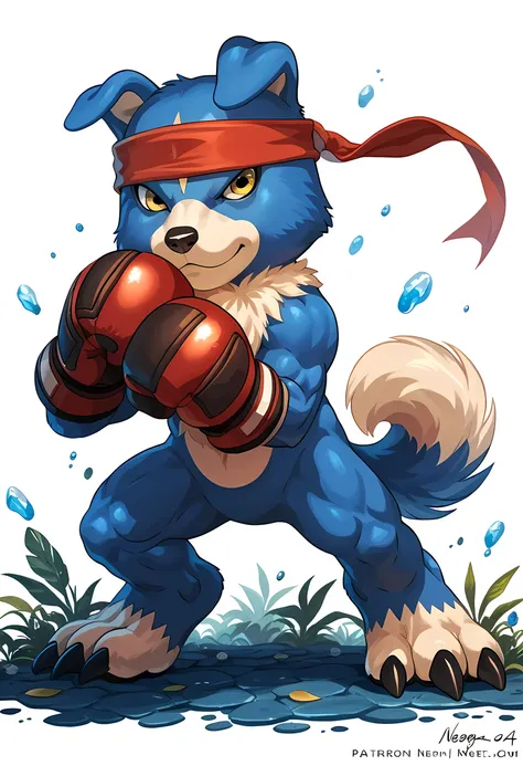 source_anime, gaomon (character), digimon (creature), dog boy, blue body, headband, yellow eyes, muscular, muscular legs, boxing gloves, white background, detailed, (cel shaded, flat colors):1.2, by wfa, by negger