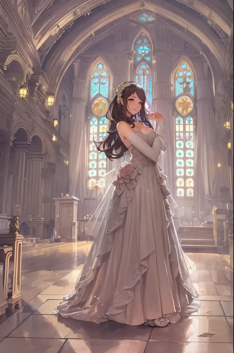 score_9, score_8_up, score_7_up, (((1 girl))), wedding_dress, green orc girl, indoors, church, happy face, perfect beautiful face, standing, (((personless background)))