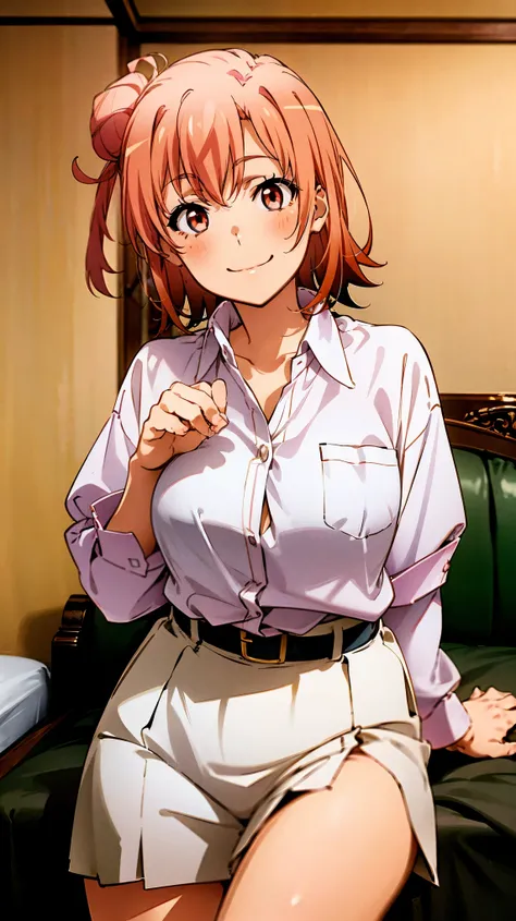   top quality , masterpiece,  high definition ,  1 girl,  Yuigahama Yui,  pink hair, Hair Bun,  short hair,  white collar shirt, (smile), Busty,  Plump Body ,room