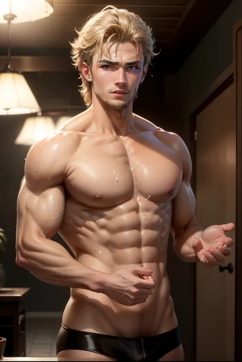  photorealistic : 1,2,  maximum quality, 8k, wet: 1,3), (man, hands on chest),  20-year-old blond Ukrainian bodybuilder, ator, yukata with cherry blossom print ,  black underwear, (Sweat: 1,2, wet: 1,2), Thin skin, ( movie lighting , chest hair, hair on th...