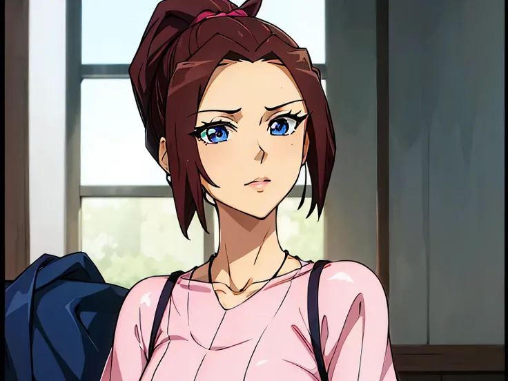 (masterpiece, best quality:1.2) 1girl, woman in her early 20s, pink shirt, face close-up, brown hair, ponytail, indoors, blue eyes, lipstick, looking at viewer, ygo_dl_m

