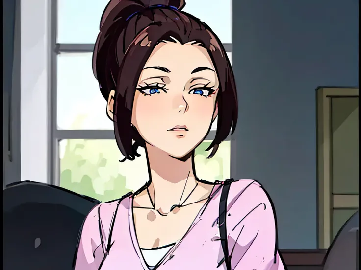 (masterpiece, best quality:1.2) 1girl, woman in her early 20s, pink shirt, face close-up, brown hair, ponytail, indoors, blue eyes, lipstick, looking at viewer, dark_necrofear

