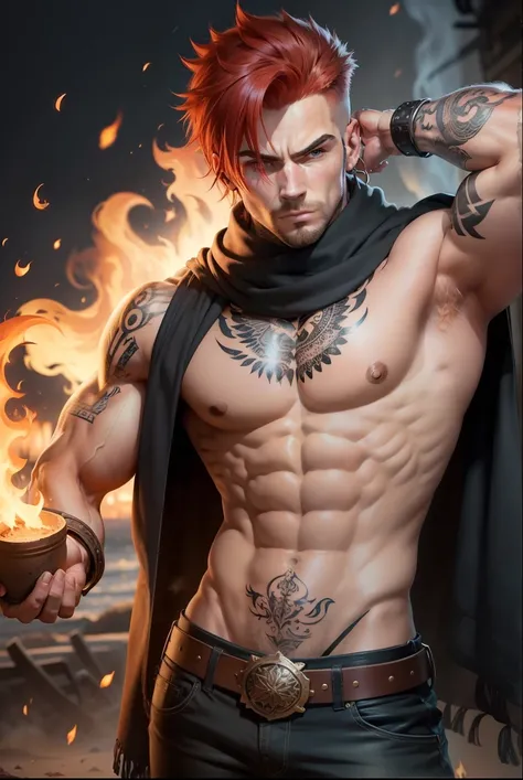 
scarf, 1boy, masculine focus, abdomen, fire, Alone, tattoo, scarf branco, belt, belly button, pants,  with your mouth shut, muscular,  red hair,  tight hair ,  looking at the viewer,  open clothes , vest,  black background, photo the cowboy, Serious, Sanp...