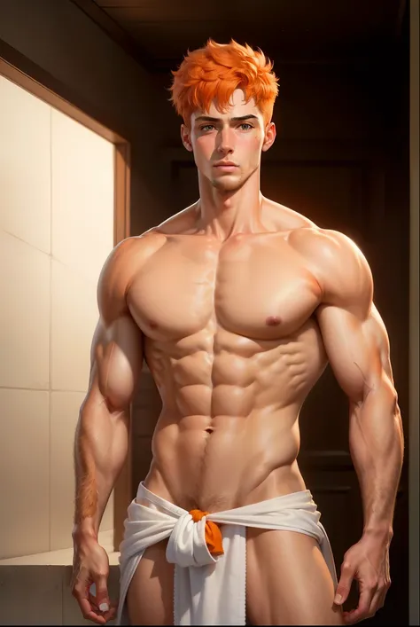  Hyper-realistic digital illustration ),  like a Renaissance sculpture ,  an extremely handsome boy using a towel on the bottom, Shaved,  backwards, with legs standing up ,  athletic body ( white skin ), bare chest, flat chest ( long, disheveled orange hai...