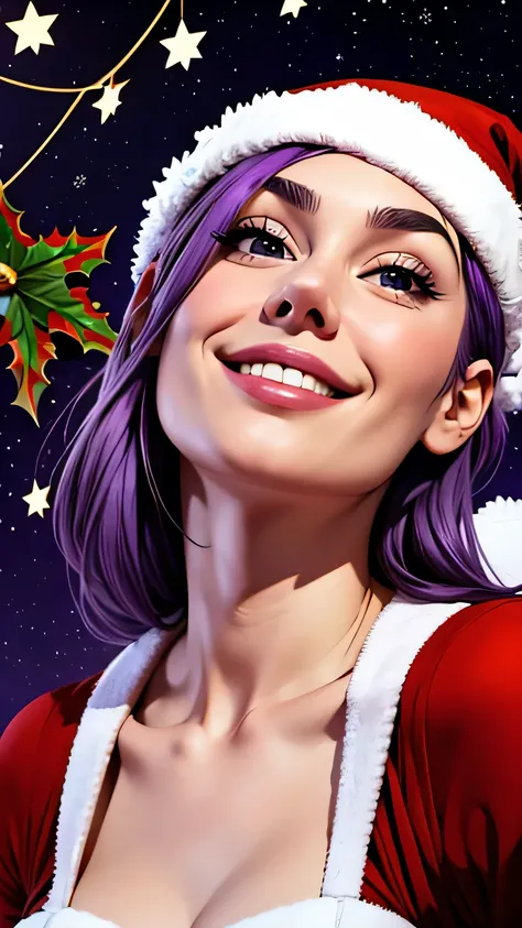 1girl, Lily (Duolingo), purple hair, solo, smile, black eyes, style parody, looking up, smirk, Christmas background, Santa hat