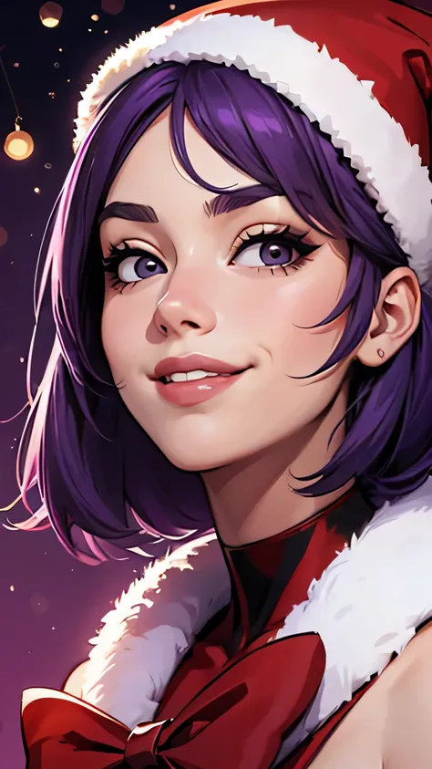 1girl, Lily (Duolingo), purple hair, solo, smile, black eyes, style parody, looking up, smirk, Christmas background, Santa hat