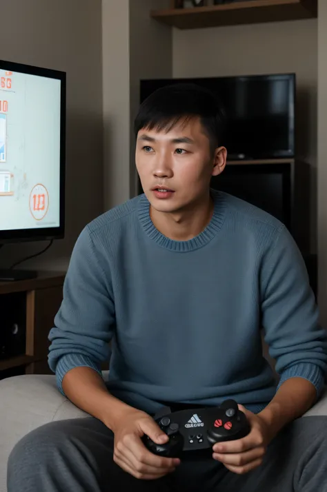 Kazakh man, short black hair, blue eyes, wearing sweater and pants, playing a video game console