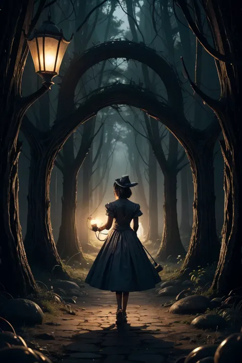  a black woman ,  dark skin,  holding a bunch of magic keys in one hand and a lamp in the other,  crossing a portal to a new fantasy world , similar to Alice in Wonderland 