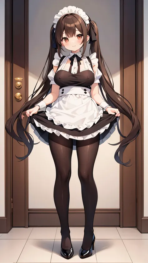 masterpiece、 best quality、beautiful、Fine Lines、 girl、 brown hair、 long hair、  Twin Tails 、Brown Eyes 、smile、Pale lips、black maid clothes、 micro mini Skirt、white maid apron、Ruffles on the shoulders、 black pantyhose 、living、Maid standing、How to stand neatly、...