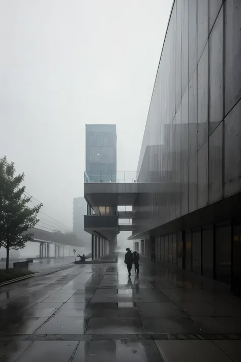 standing on the very high floor concrete terrace overlooking the concrete bridge air tunnels and busy street below in heart of cyberpunk megapolis brutalist skycrapers made of dark wet concrete, flying cars
  its weathered façade bearing the scars of time—...