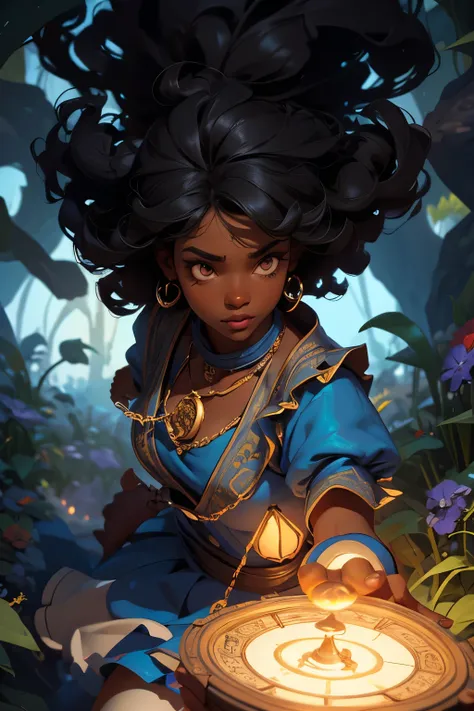  a black woman ,  dark skin, curly black hair,  holding a bunch of magic keys in one hand and a lamp in the other,  crossing a portal to a new fantasy world , similar to Alice in Wonderland 