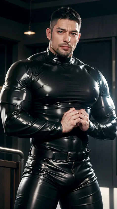 A tall,big,stocky middle-aged man wearing a tight black shiny rubber long sleeve sweatshirt,tightly accentuating his abs,tight visible abs,Ultra-high quality，Detailed background，, Muscular，Strong body,Asian Face，Attractive Muscular man,50-year-old male ，sp...