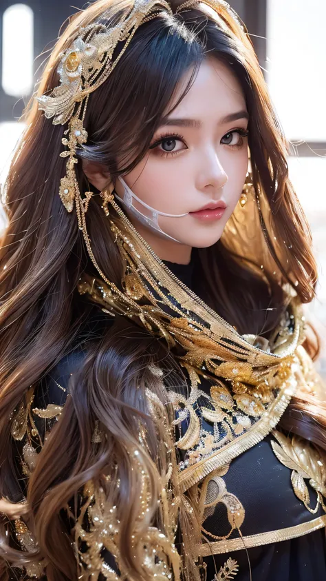  supermodel with long, curly, flowing hair drawn in detail, Dressed in gold (Transparent and intricate embroidery) (Metallic Surgical Mesh Mask)  big hammer covering the face , ((Mouth is hidden)),  wearing strange futuristic fashion ,    gorgeous and intr...