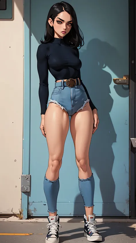 1girl, blue denim leotard, raised denim, sexy look, high waist, slim waist, defined small boobs, rough seams, long bare legs, high sneakers, long sleeves, standing, solo focus, tight belt on waist, big belt buckle, hands on hip, full body shot, cameltoe, s...