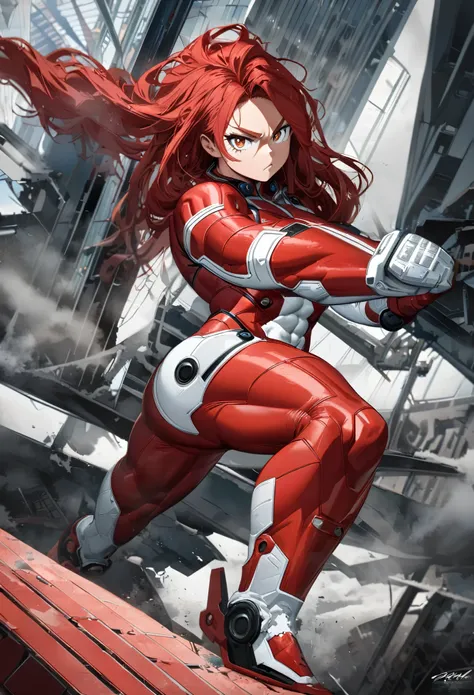  My Hero Academia style ,   anime girl , woman, young woman ,  full body shot ,( Fighting Stance :1.3),Long Hair, Red Hair,   Brown Eyes , hero suit, Full Body Suit,  red suit with white details, perfect anatomy,  enhanced abs , super detailed,(building:1....