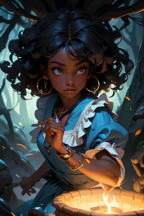  a black woman ,  dark skin, curly black hair,  holding a bunch of magic keys in one hand and a lamp in the other,  crossing a portal to a new fantasy world , similar to Alice in Wonderland 