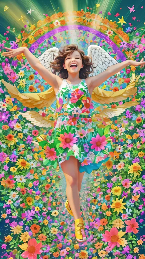  full body high definition image ，pop art 、Angel Art, Everybody jump, smile, joy, heaven, like, garden, happiness, light,  colorful background。