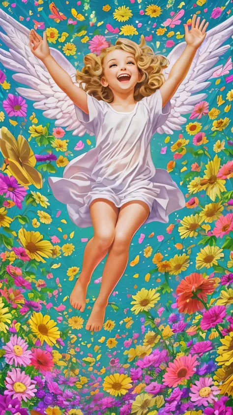  full body high definition image ，pop art 、Angel Art, Everybody jump, smile, joy, heaven, like, garden, happiness, light,  colorful background。