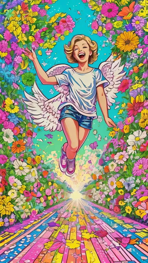  full body high definition image ，pop art 、Angel Art, Everybody jump, smile, joy, heaven, like, garden, happiness, light,  colorful background。