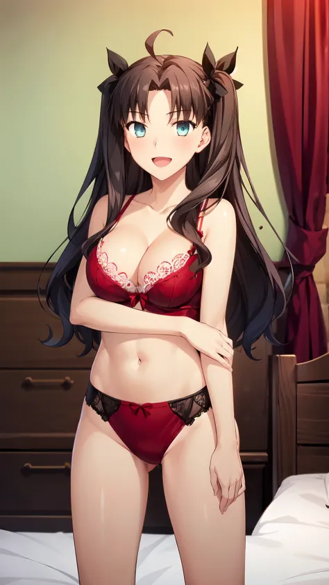  masterpiece  , best quality  ,  high resolution , (1 girl alone:1.38) , (Rin Tohsaka,  long hair , ( Blue Eyes:1.5), ahoge, straight hair,  black hair,) , ( cleavage:1.2) , (medium breast:1.28) , ( wearing red lingerie  , love-league , socks ) , ( arms at...