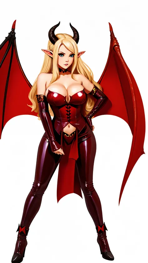 blonde hair, long hair to her hips, curved horns, pointed ears, large bat like red leather wings, demoness, full body shot, blank white background
