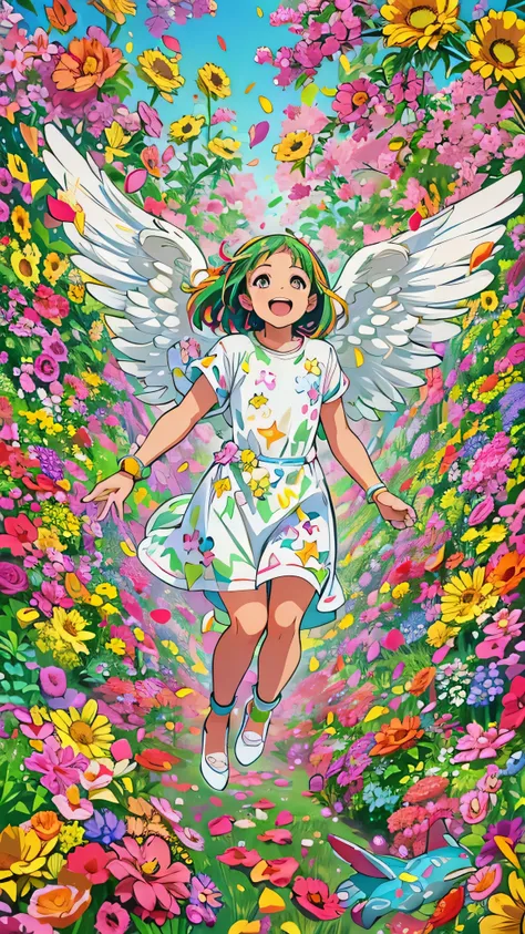  full body high definition image ,pop art 、Angel Art, Everybody jump, smile, joy, heaven, like, garden, happiness, Light,  colorful background。