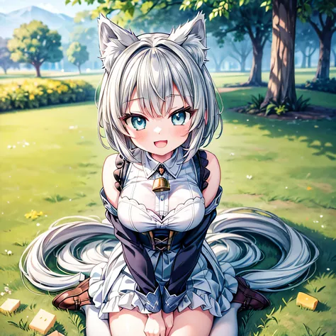 (extremely detailed, 8K resolution, with sharp focus, masterpiece, best quality, Moe Art style, sfw):1.2, 1 cute silver wolf lady, kneeling on the grass in the park, detailed eyes, detailed pupil, contented smile, open mouth, short hair, having lumps of ch...