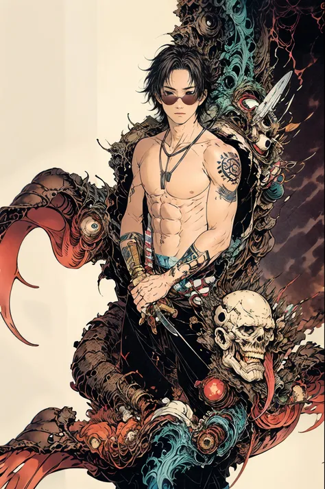   Top Quality  ,masterpiece,  Ultra Wide Resolution  ,1 person,Look at the audience,one,   Yamamoto Takako Style   ,  Religious Emotion   ，
simple background,white_background，Topless，tattoo，necklace，sunglasses， Samurai Knife，A lot of hands， Technology Sens...