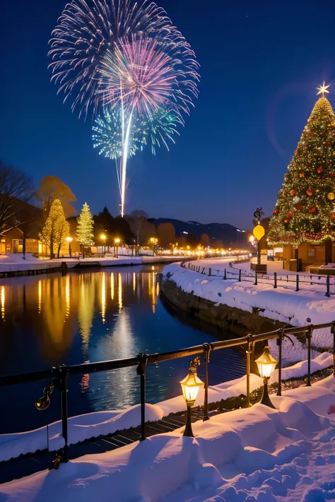  A city shining with Christmas trees and illuminations　Scenery a little away from the city is also a snowy landscape 、 The illuminations are shining brightly、 high image quality
、Snow is falling 
