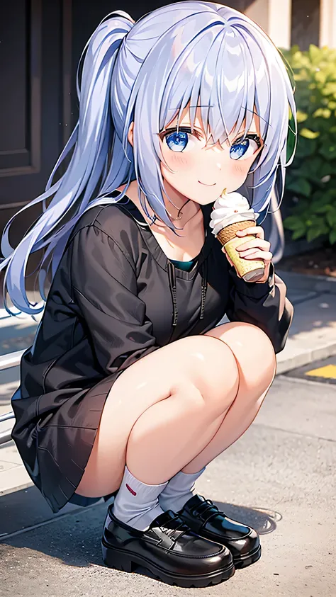  1 girl, squat, smile, She has a soft serve ice cream.,