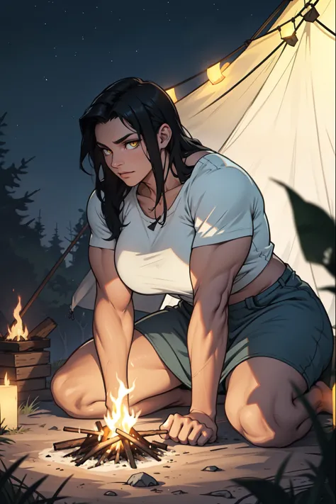 huge muscles large breasts black hair yellow eyes pale skin looking at viewer campfire woods night sky tent sitting empty eyes.