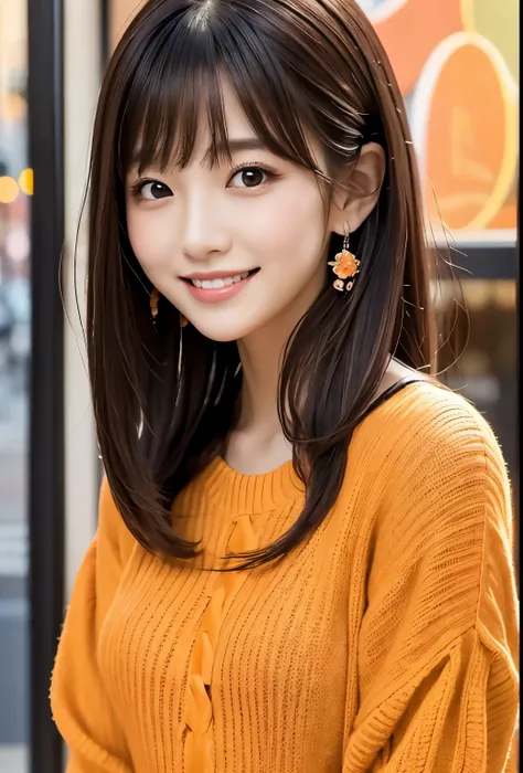 masterpiece、Highest quality、whole body、One Girl、bangs、Japanese、 black hair、long hair、 Long Sleeve 、 orange 、knit、smile、flower、Cafe、alone、Stylish woman、pastel colored outfits、front、Luxury background elements、Confident expression、Modern and trendy、Fashion fo...