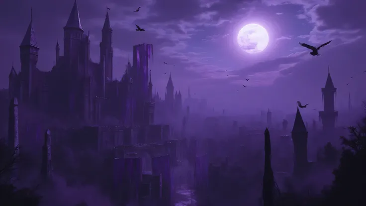 A medieval huge gloomy Gothic city hung with purple flags. The moon is in the sky. The atmosphere is creepy. The city is full of sharp peaks. The city of the dark elves. There are crows in the sky. Dark purple lighting