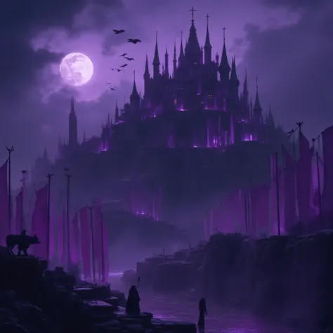 A medieval huge gloomy Gothic city hung with purple flags. The moon is in the sky. The atmosphere is creepy. The city is full of sharp peaks. The city of the dark elves. There are crows in the sky. Dark purple lighting