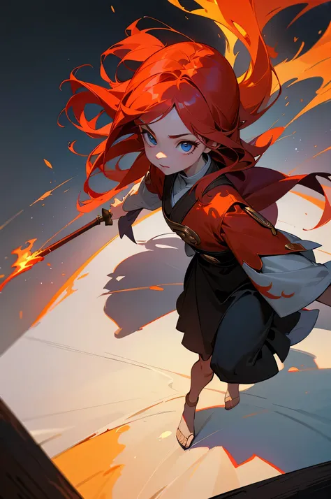 An outstanding painting of a beautiful white girl, flaming, surrounded by flames, dota2 fire girl style, ghost knife style, fire-like hair, long red hair, watery blue big eyes, thin waist, wide hips, mage robes, magic colors, World of Warcraft style, By Bl...