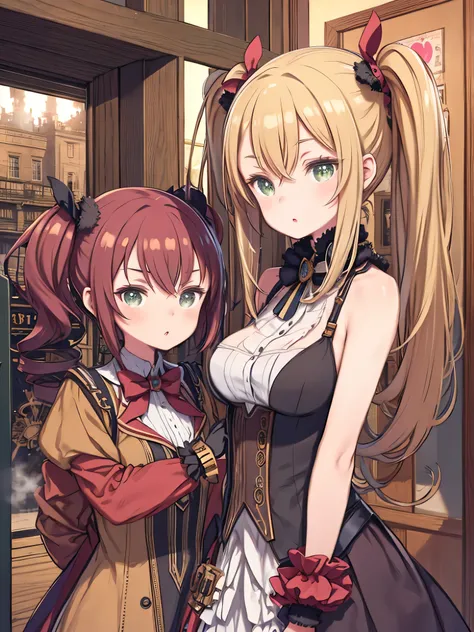   steampunk/   steampunk/   steampunk 　、 woman, 22,  She has olive green eyes and long blond hair braided around her shoulders ., Tied with ribbon and heart, Pale pink scrunchie, Red Clip.  Her Hair Color Is Brighter  、 Longer .,  wears clothes with deep p...