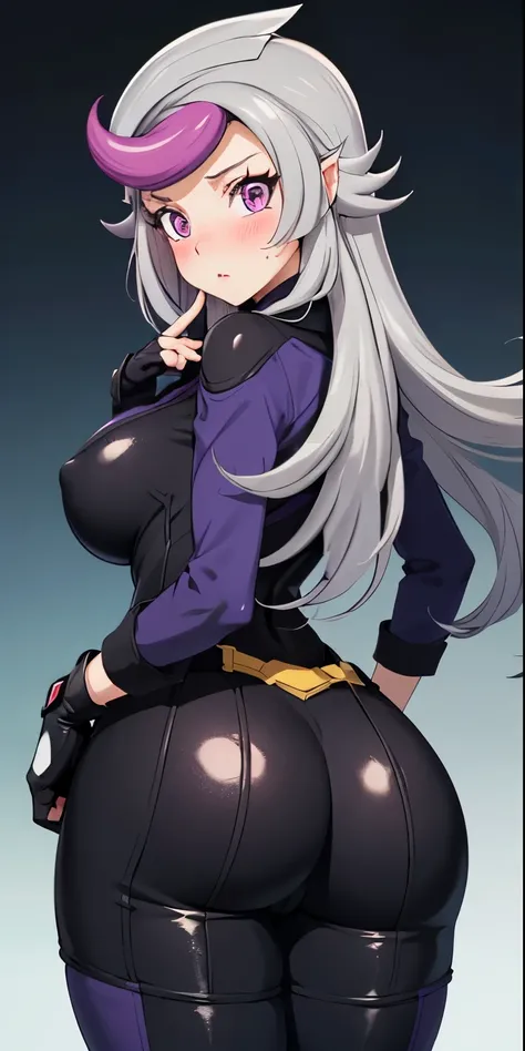 1 Female,High definition,high resolution,Ultra-realistic,8K,‌1girl, (emma_bessho:1.2), (grey hair:1.2), (purple hair:1.2), pink eyes, low-tied long hair, (large breasts:1.2), (wide hips:1.2), (purple bodysuit:1.2), (long sleeves:1.2), pants, (black gloves,...