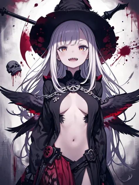 Tea Party,Crazy Smile,  looks up,Face shot,Scythe Face,Girl Monster  ,  slave, beautiful, Detailed portrait, Kind Face , Sharp Eye,  sharp fangs,  blue-white skin, Thick Chain, Dark Background , movie lights, Dramatic Shadows, gothic,  Gloomy Atmosphere  ,...