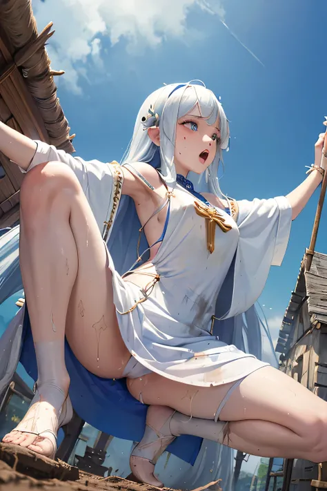 Female priestess, pure white priest robe,LONG (blue) hair, ((mini skirt)),((panty shot)),((photo taken from below)), (Village), (casting a spell),(open mouth),(((raise one arm))),(((mud and grime))),(strong wind),((sweat)),(((back view)))),(female genitali...