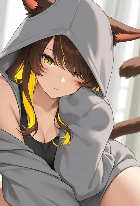 masterpiece,1girl, colored inner hair Brown hair Yellow hair, cat_ears, gray oversized hoodie,  inner tank top , Hair on one eye, Long hair tips, Miqote