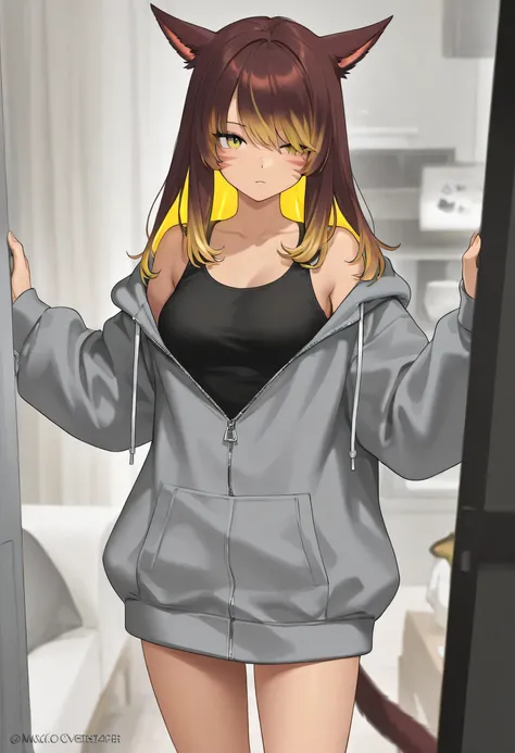 masterpiece,1girl, colored inner hair Brown hair Yellow hair, cat_ears, gray oversized hoodie,  inner tank top , Hair on one eye, Long hair tips, Miqote