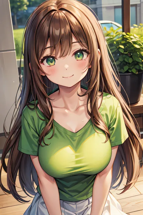 Brown long hair, big breast, open collar, Green T-shirt, little smiling, long white skirt