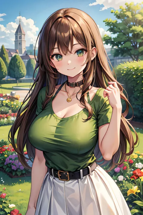 Brown long hair, big breast, open collar, Green T-shirt, little smiling, long white skirt, circle belt, big tits, garden